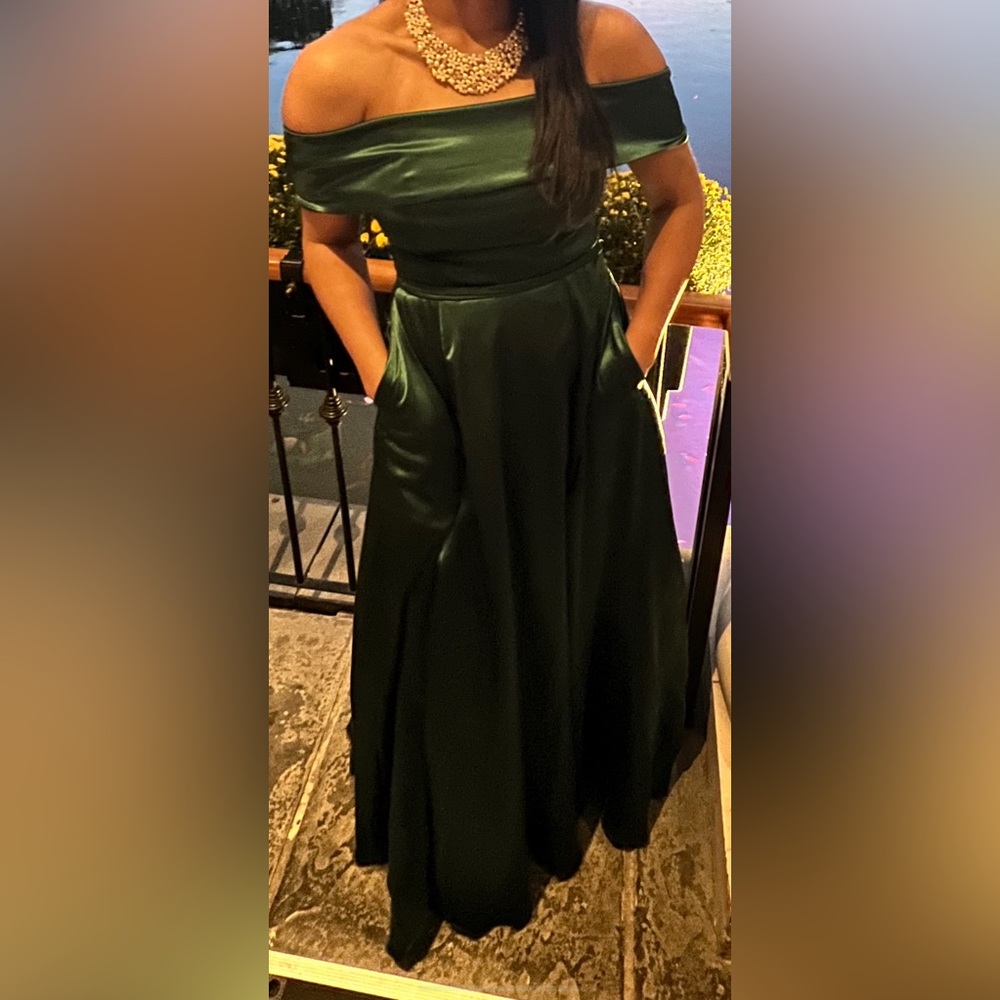 Long green silk dress - off the shoulder with pockets and side leg slit